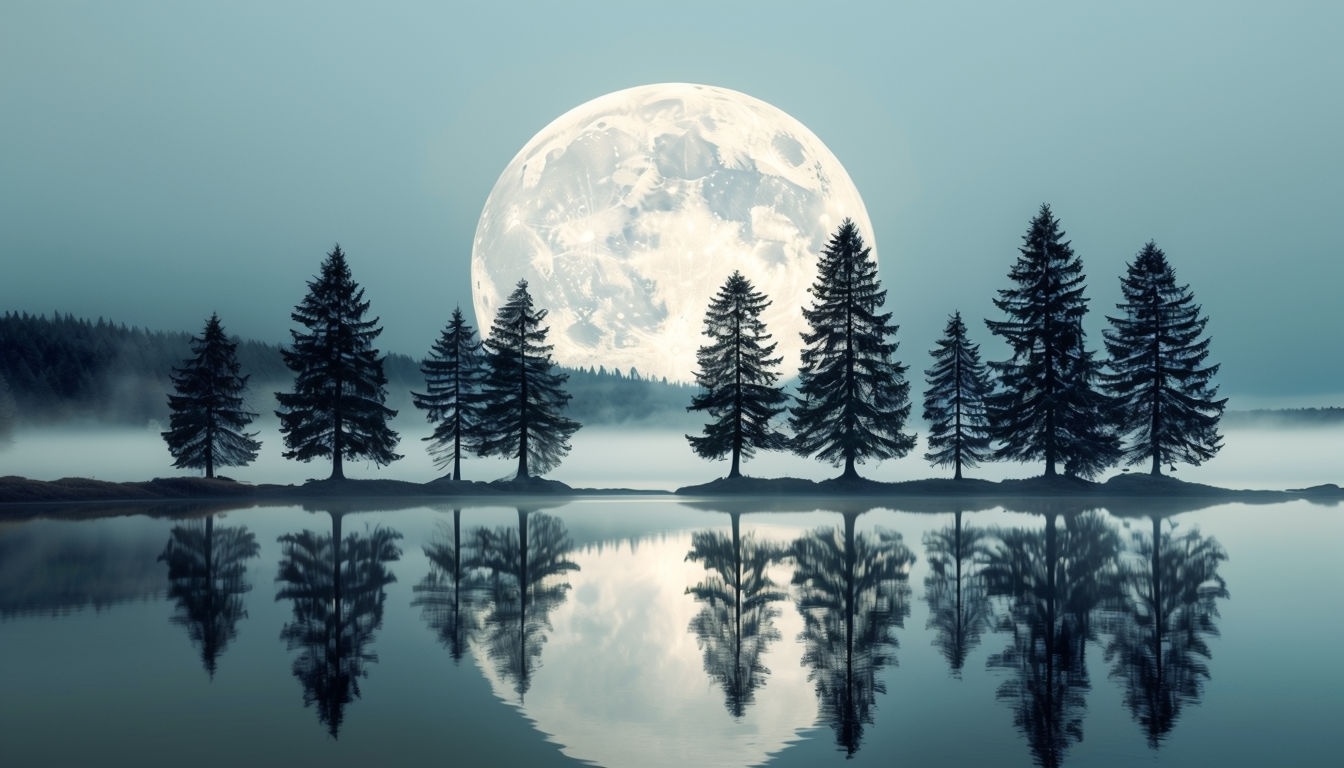 Ethereal Luminous Moon Over Tranquil Evergreen Lake Background