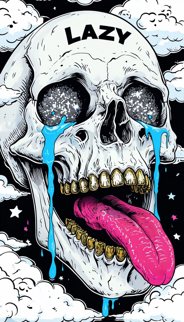 Surreal Melancholy Skull Illustration with Colorful Elements Poster