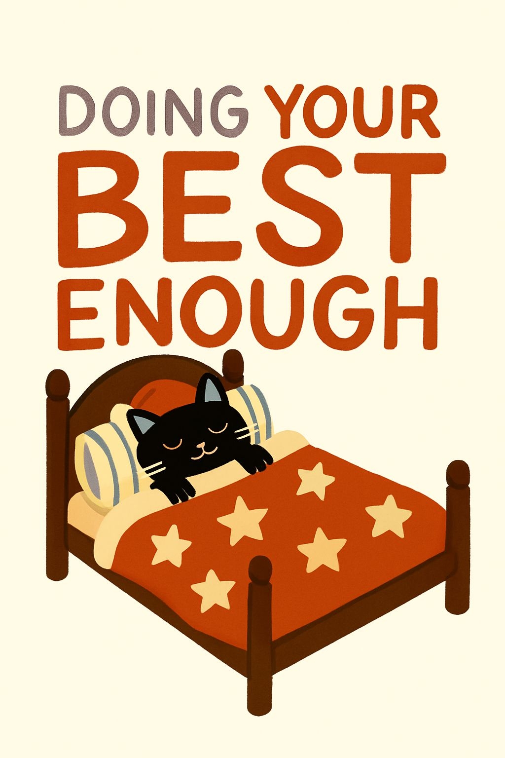 Cozy Black Cat on Bed with Inspirational Quote Poster
