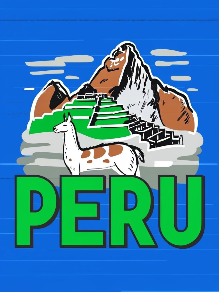 Hand-Drawn Peru Landscape with Llama and Mountains Poster