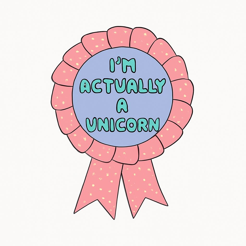 Whimsical Unicorn Badge with Playful Text Sticker