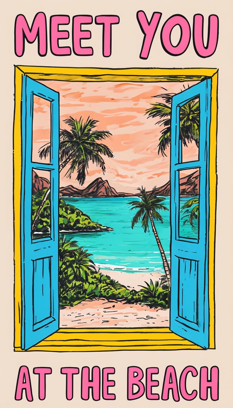 Vibrant Tropical Beach View Window Illustration Poster
