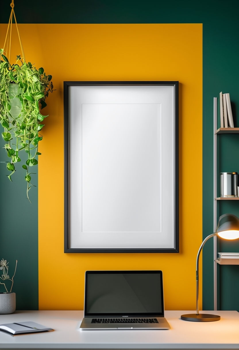 Modern Eclectic Home Office with Framed Print Mockup Scene Mockup