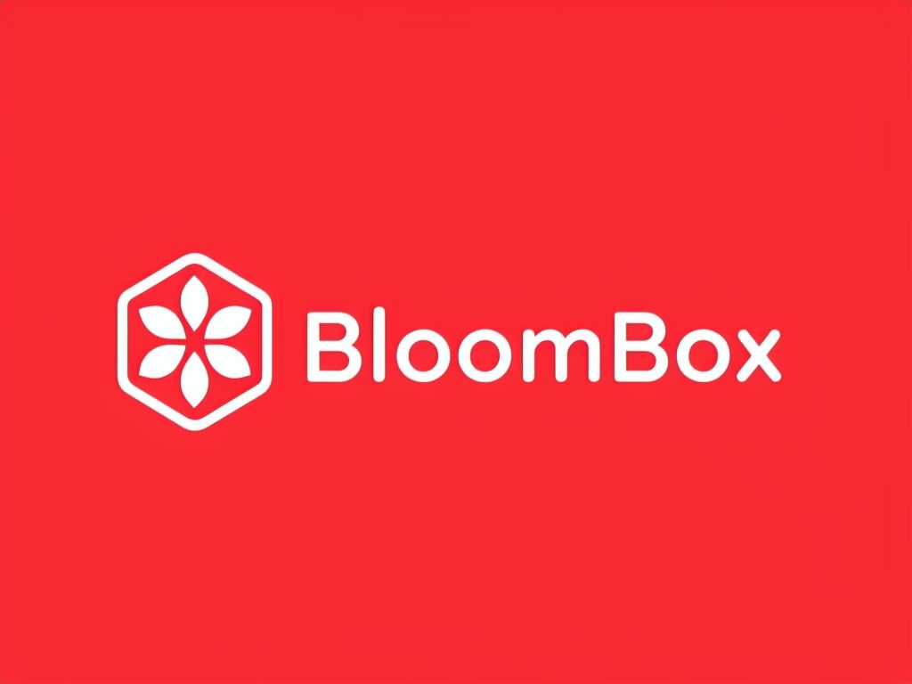 Minimalist BloomBox Logo with Abstract Floral Design in Red Background Logo