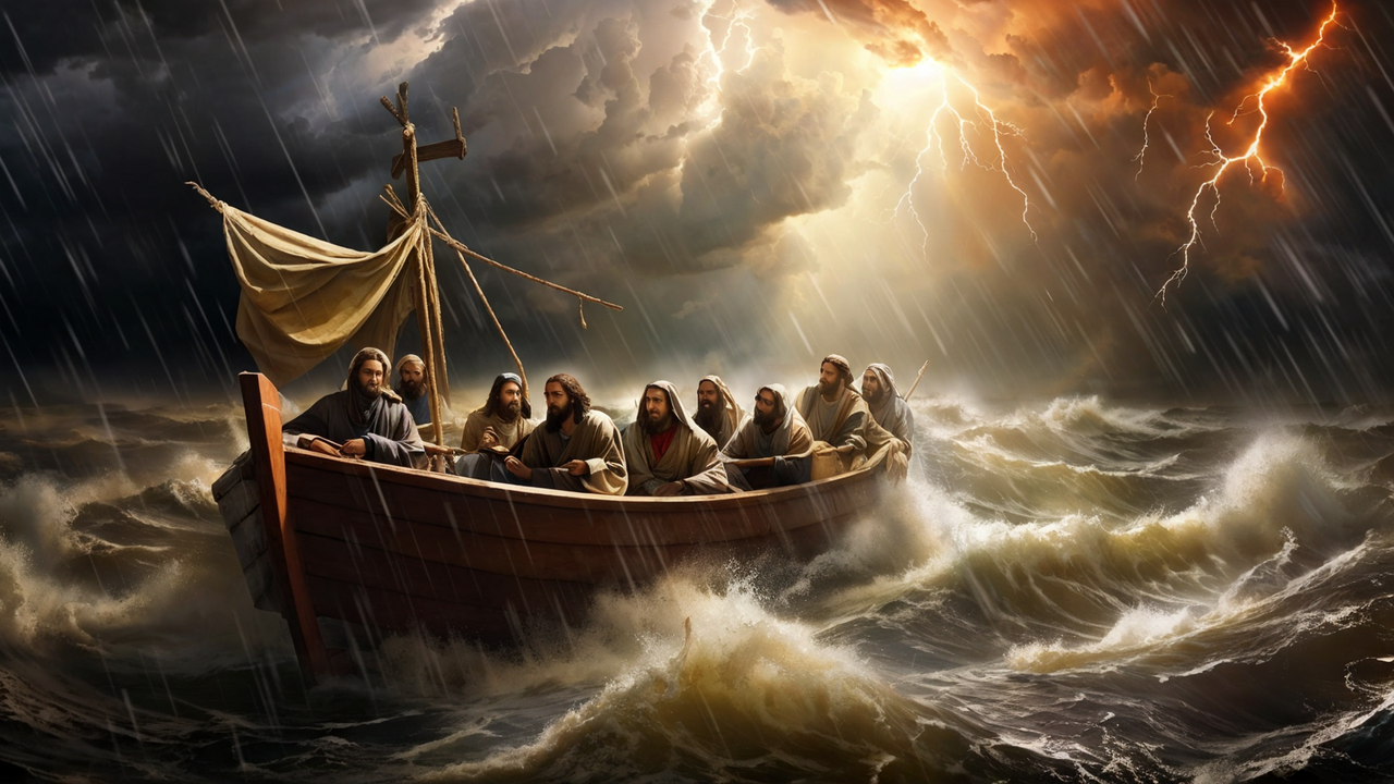 The disciples of Jesus in a boat in the middle of a storm at... by ...