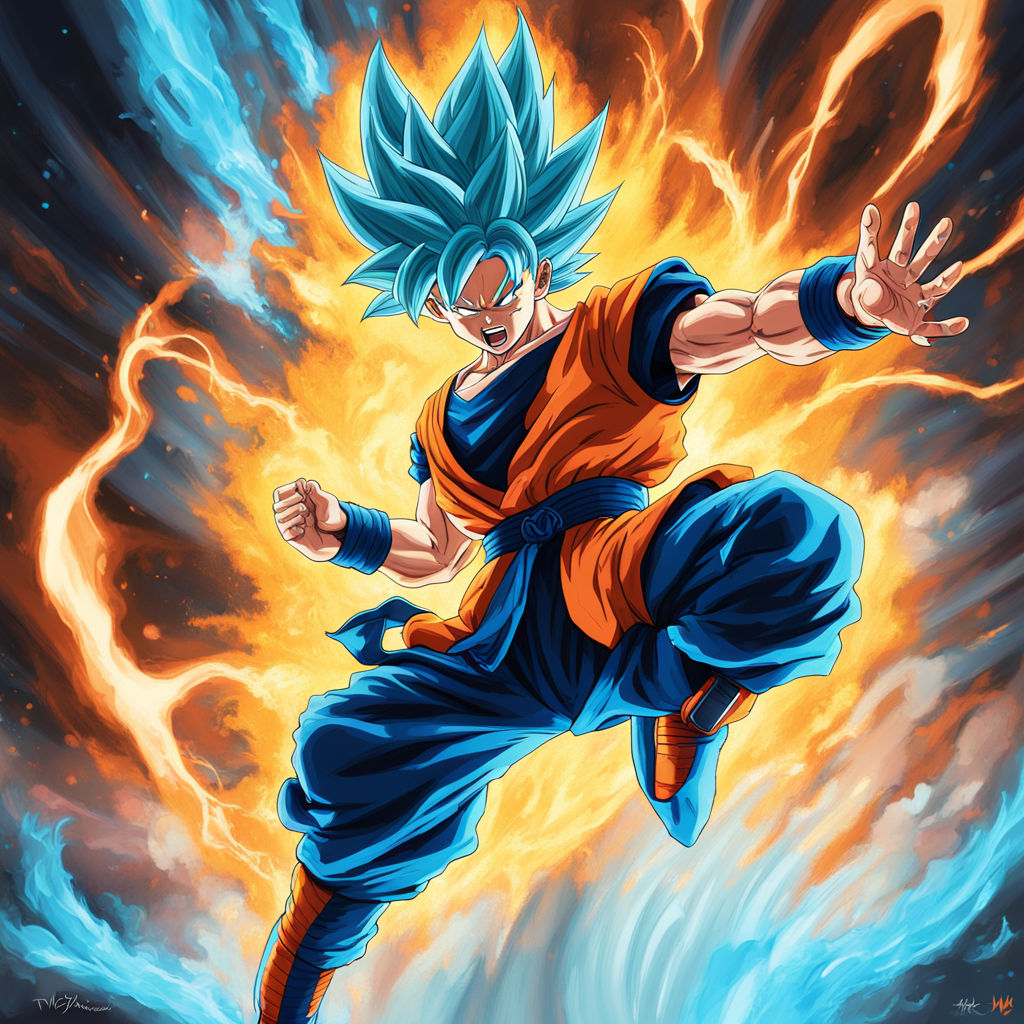 Goku in Super Saiyan Blue form with an aura bursting around him