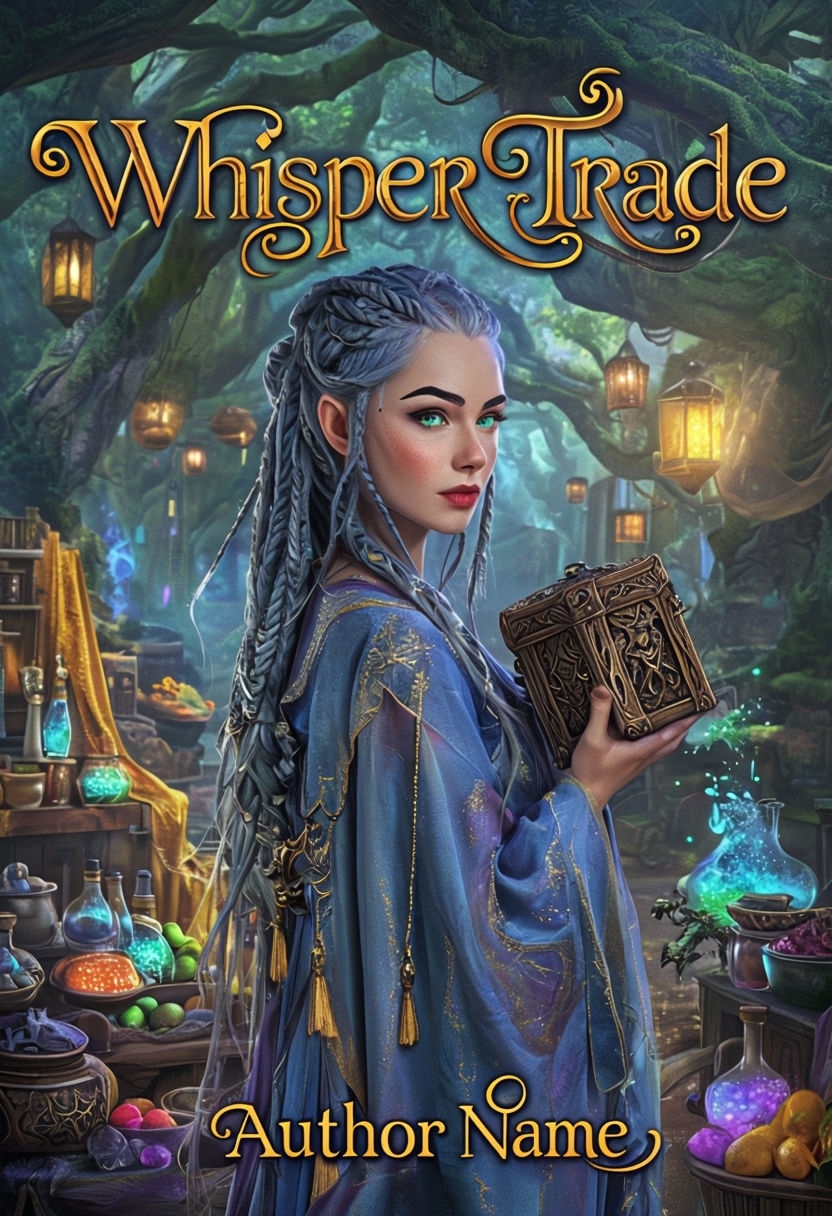 Enchanting Fantasy Book Cover Illustration with Magical Marketplace EBook Cover