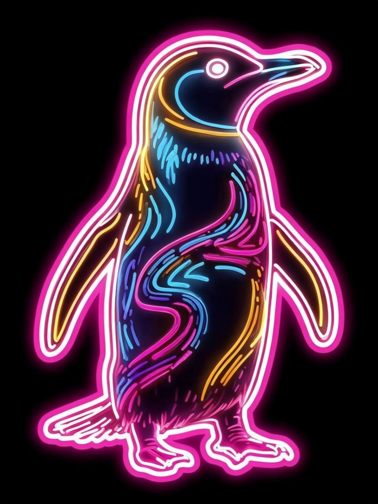 Neon Penguin Digital Artwork with Colorful Patterns Poster