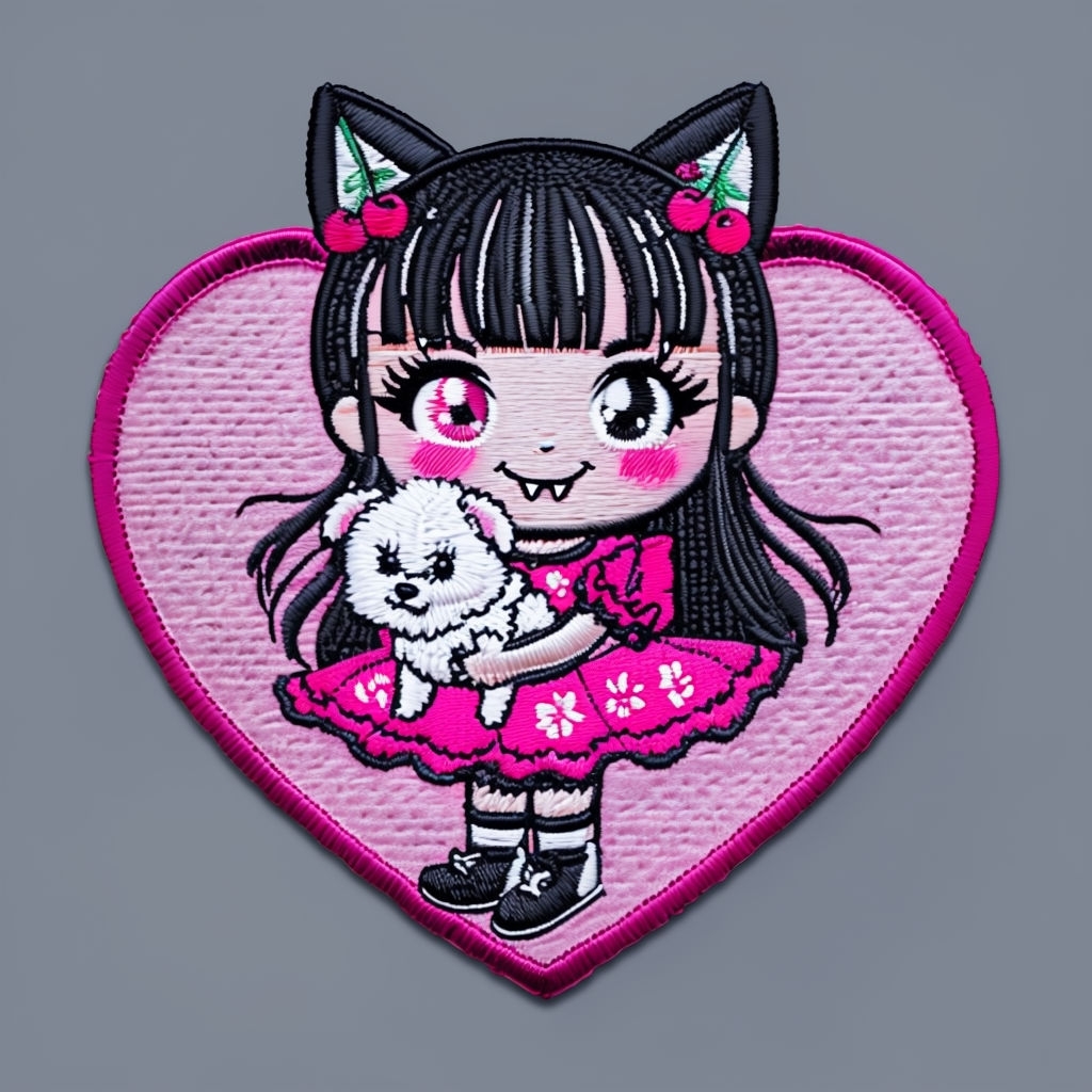 Cute Cartoon Girl with Dog Embroidered Patch T-Shirt