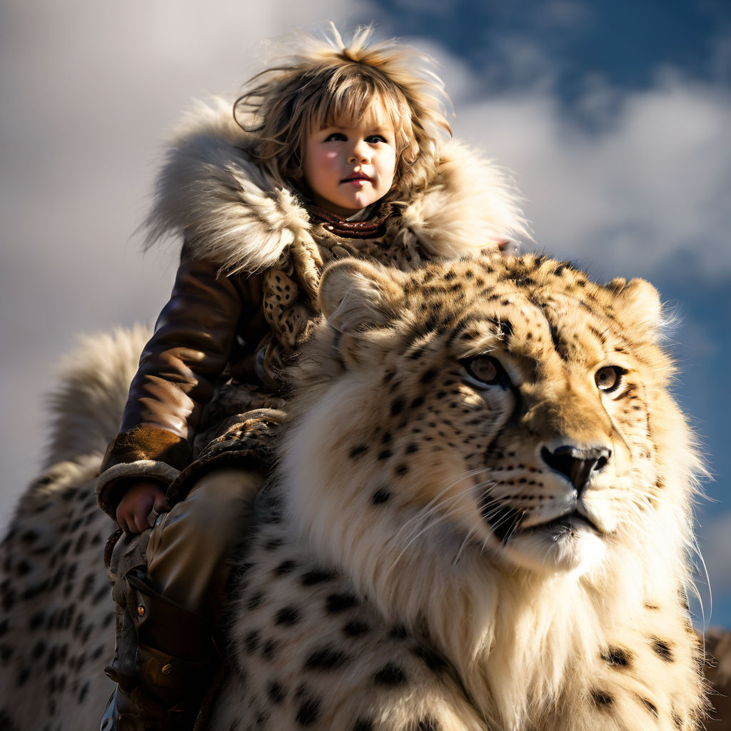 Small child mounted atop giant fluffy cheetah. riding. tamed... by ...