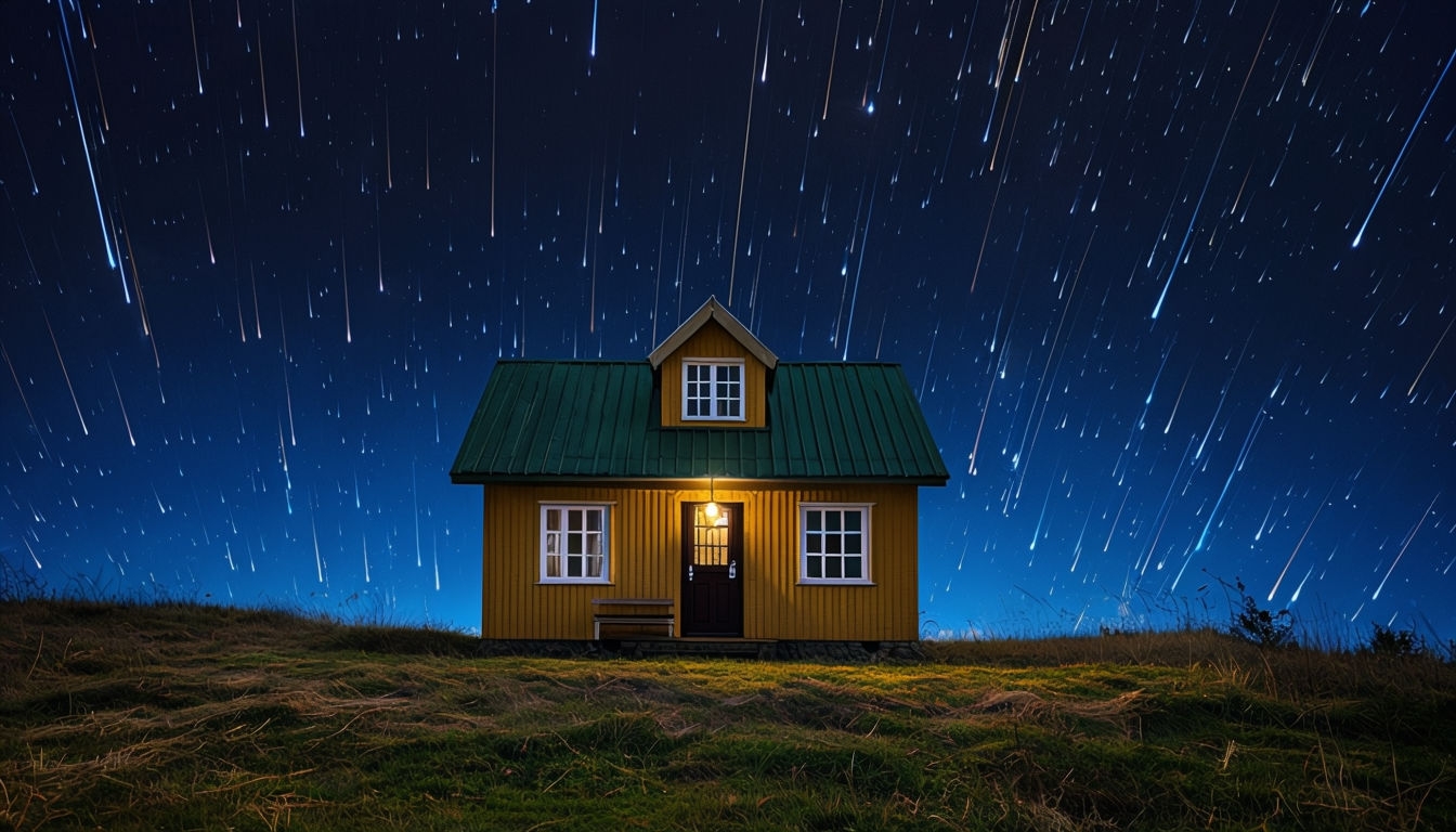 Serene Nighttime Landscape with Mustard Yellow House Background