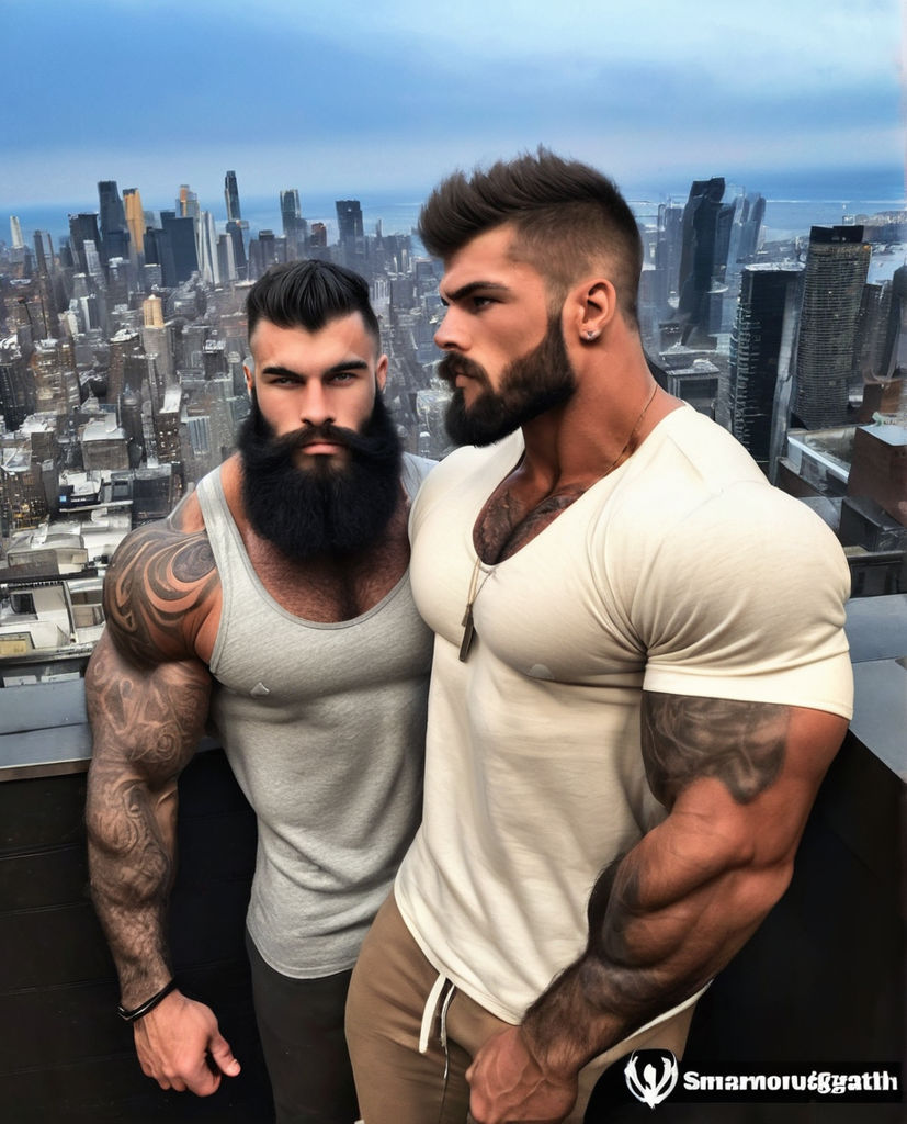 a handsome gay extremely muscular beefy white bodybuilder couple kissing at  a roof top in New York