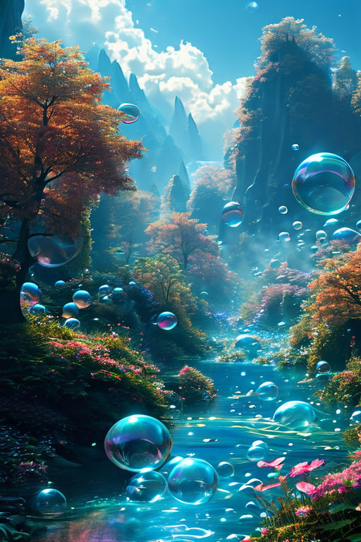 Picture an 8k enchanted realm where colossal bubbles float t... by Andy ...