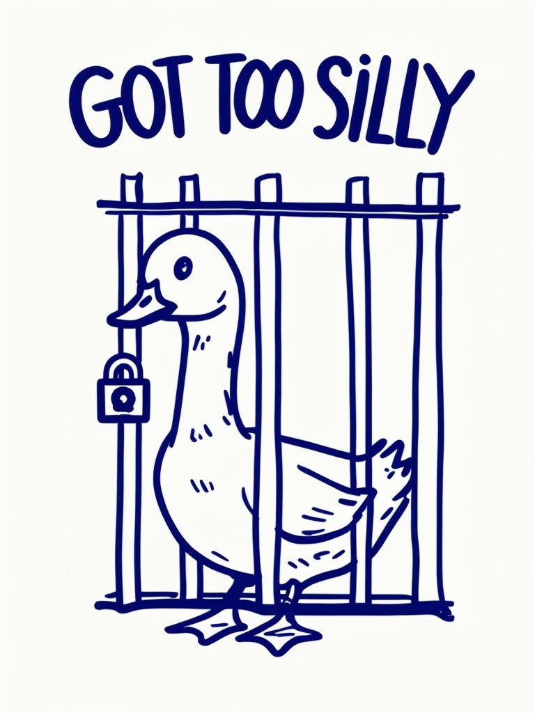 Whimsical Blue Duck Behind Bars with Playful Text T-Shirt