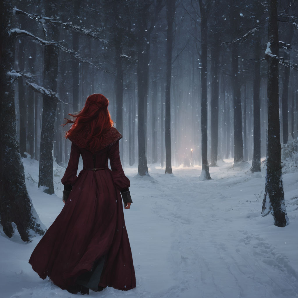 a naked redheaded woman walking through a winter forest