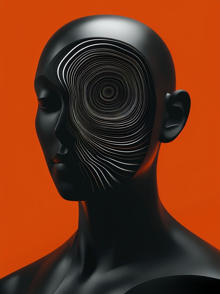 Stylized Black Geometric Human Bust with Hypnotic Patterns Art
