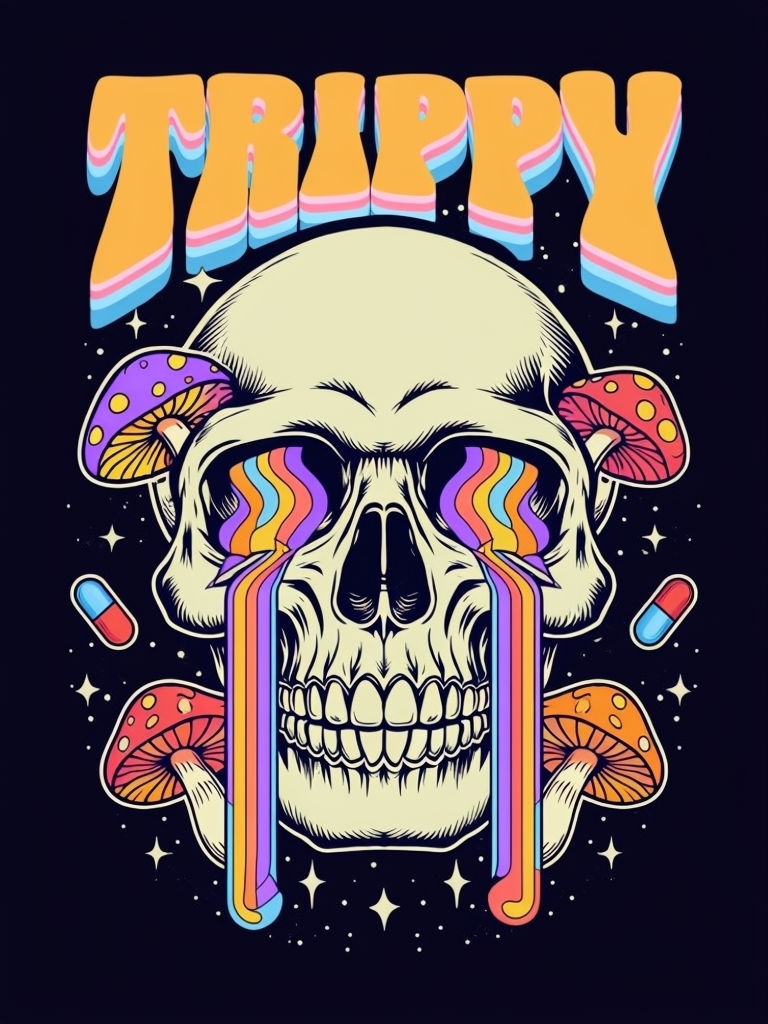 Psychedelic Off-White Skull with Colorful Elements T-Shirt