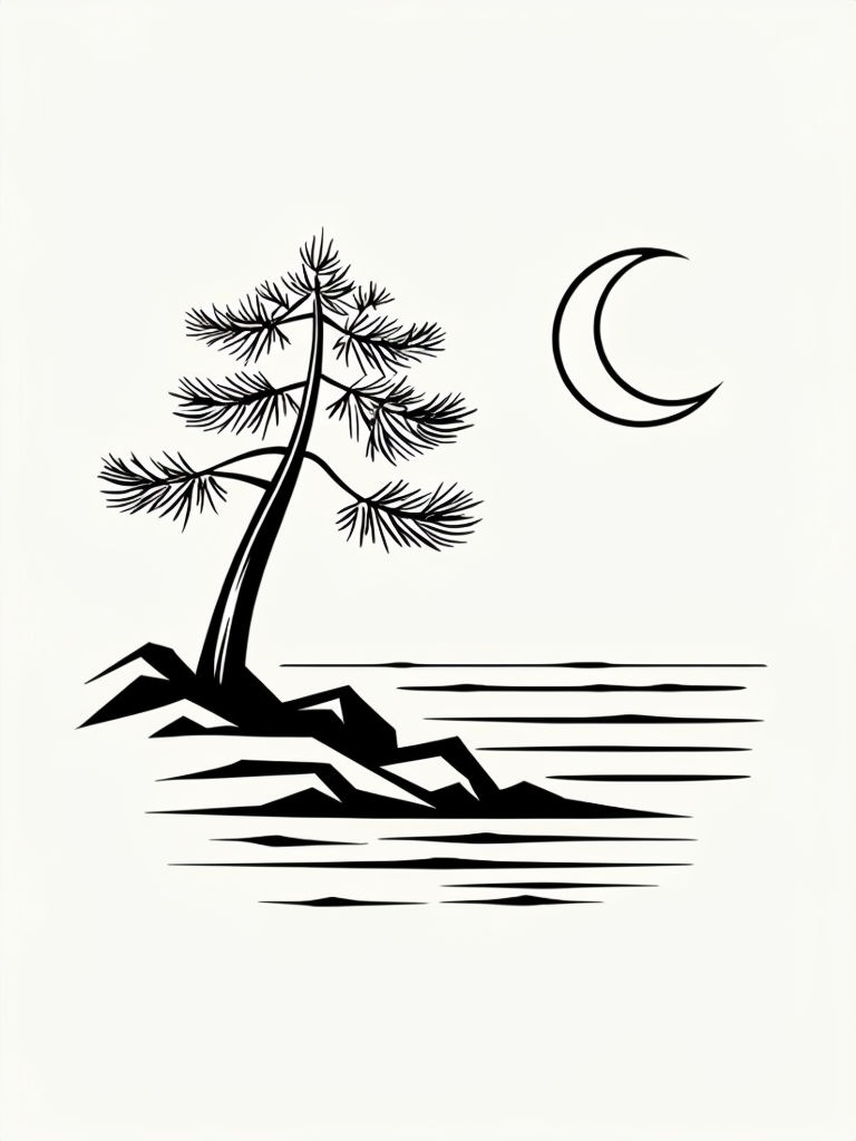 Minimalist Coastal Scene with Pine Tree and Moon T-Shirt
