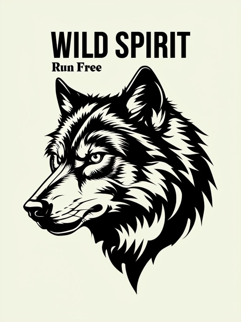 Fierce Black and White Wolf Illustration Wild Spirit T-Shirt