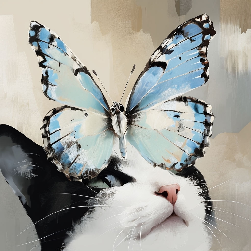 Serene Cat and Butterfly Interaction Digital Painting T-shirt