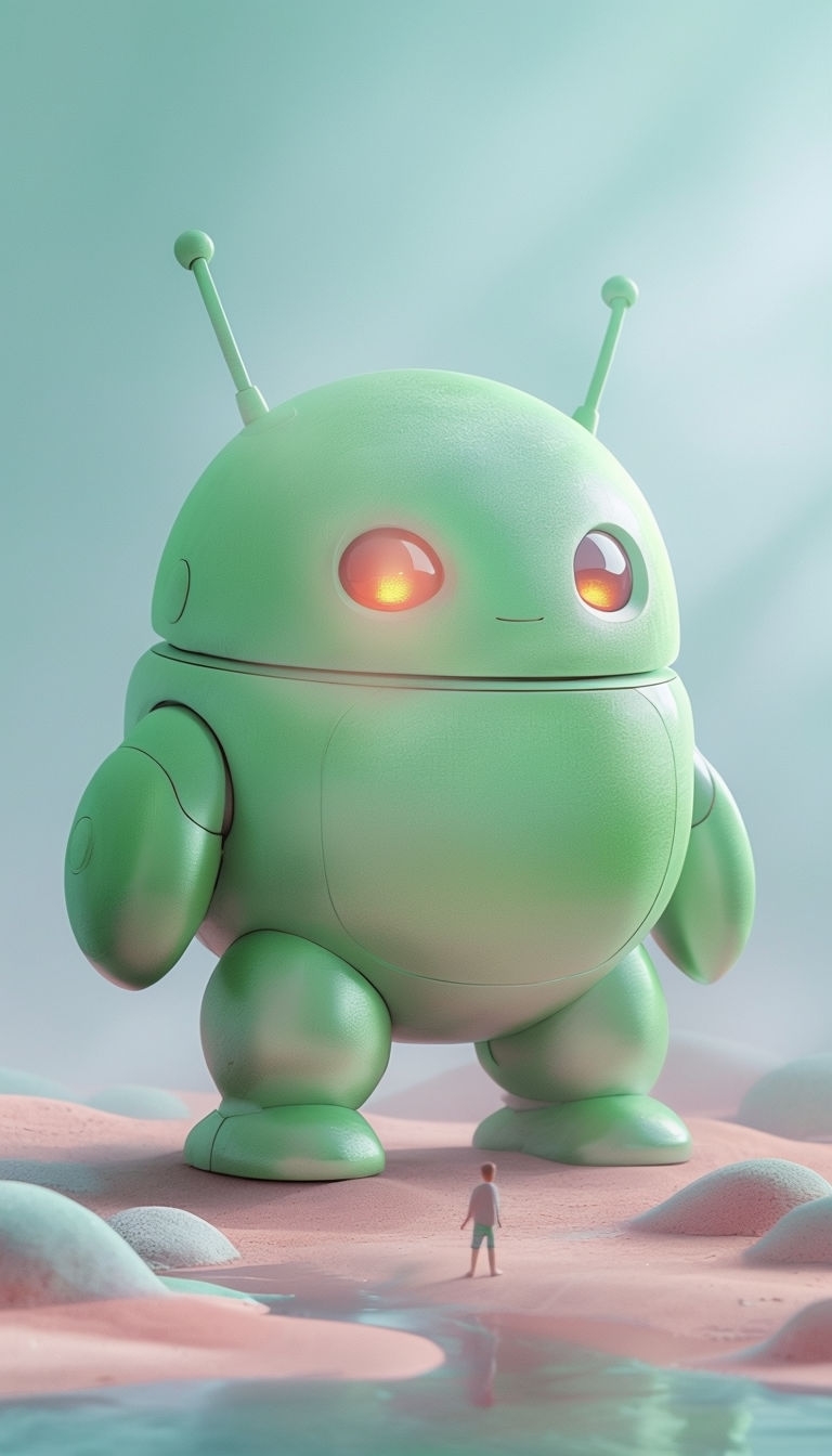 Whimsical 3D Green Robot with Glowing Eyes Illustration Art