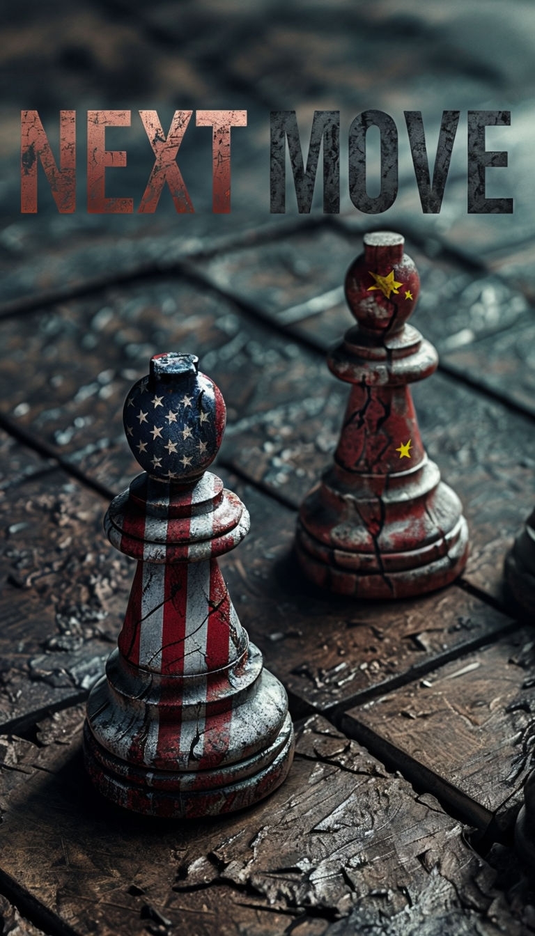 Tense Chess Strategy with American and Chinese Pawn Illustration Social Media Post
