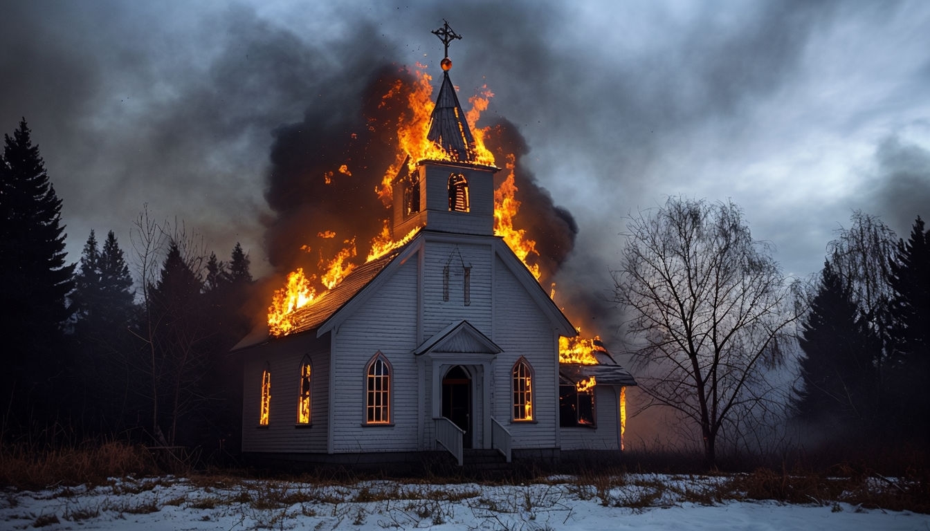 Dramatic Twilight Fire Engulfing White Wooden Church Background