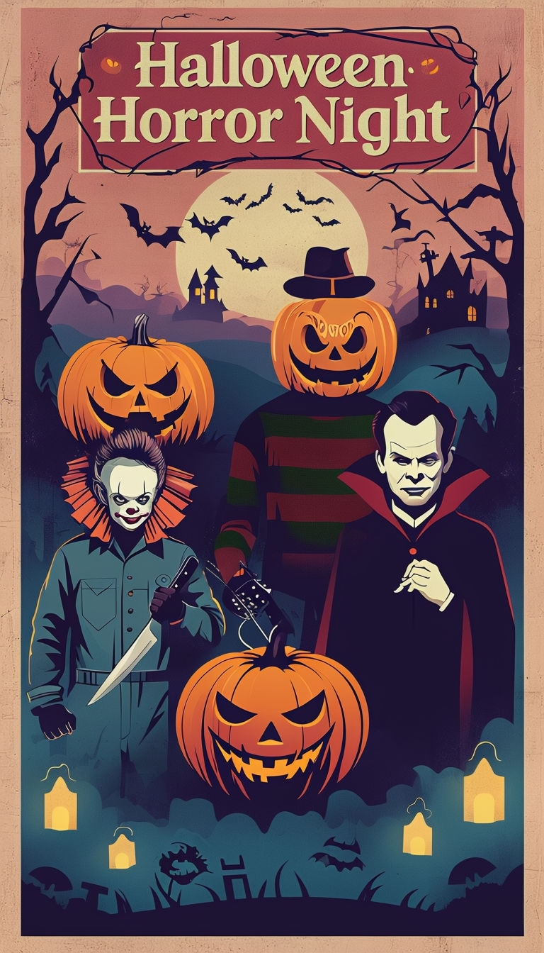 Halloween Horror Night Minimalist Retro Villains Poster