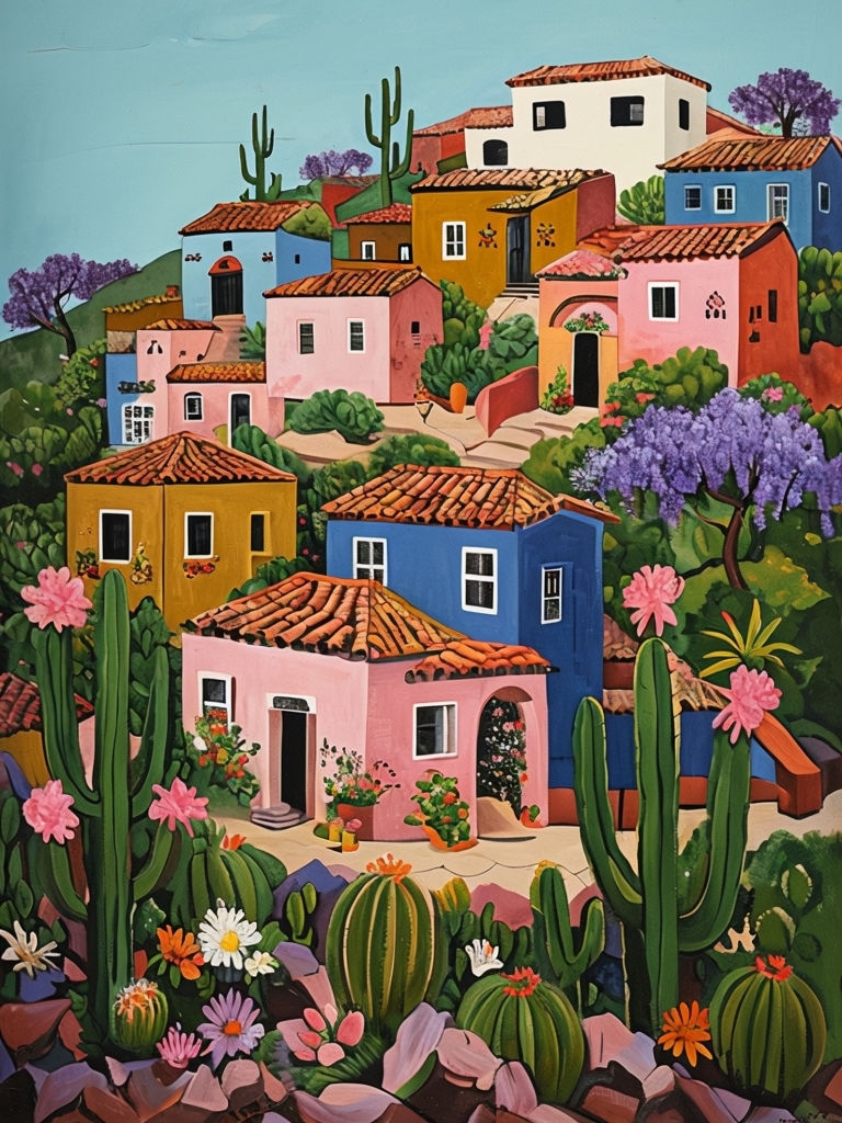 Vibrant Colorful Hillside Village Painting Inspired by Mexican Art Art