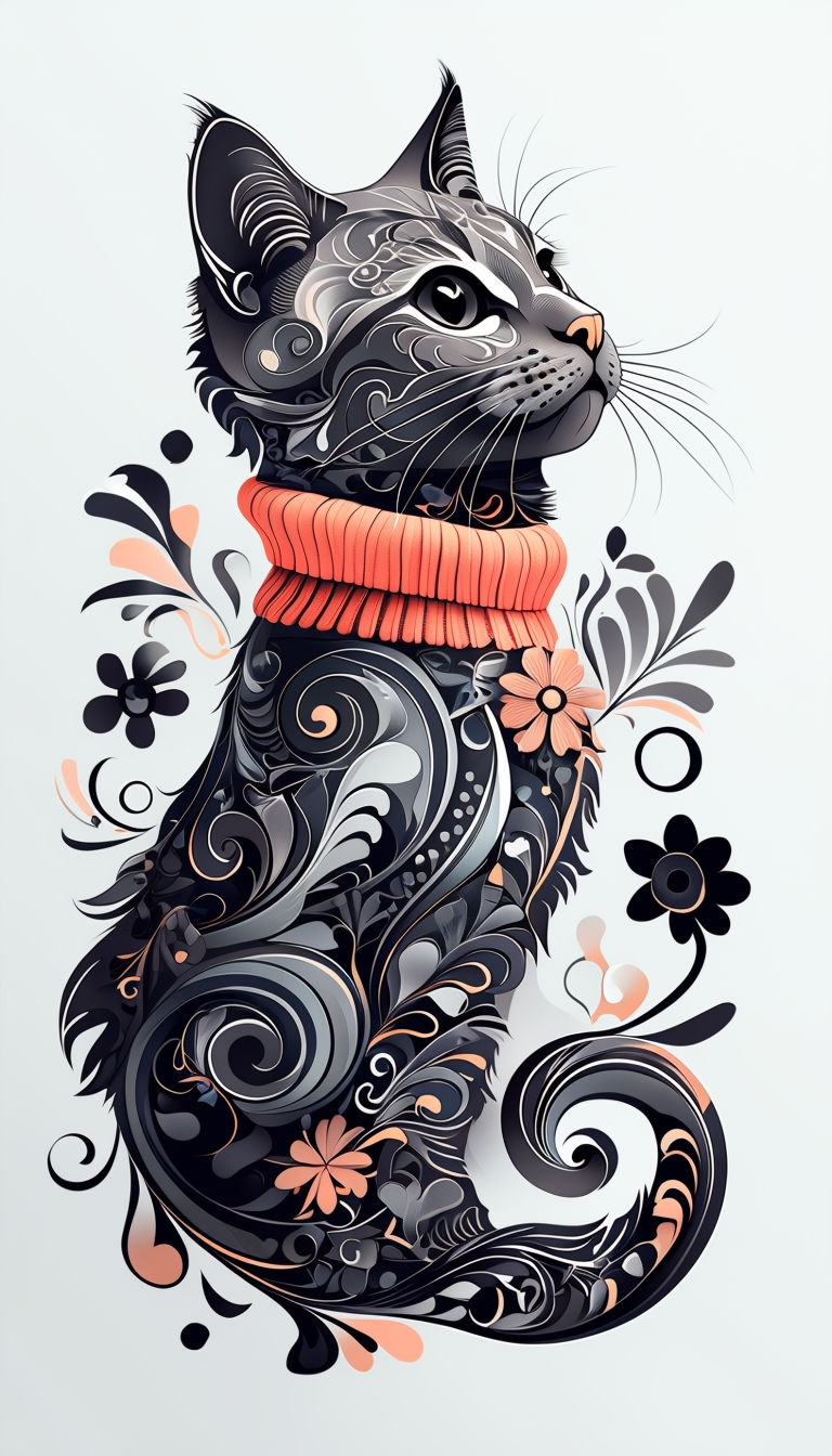 Elegant Anthropomorphic Cat Illustration with Floral Patterns Art