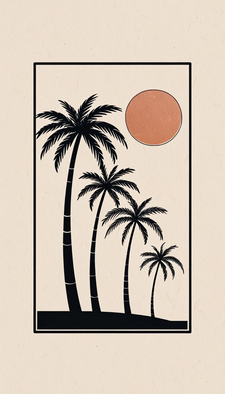 Minimalist Black Palm Trees with Sun Illustration Poster