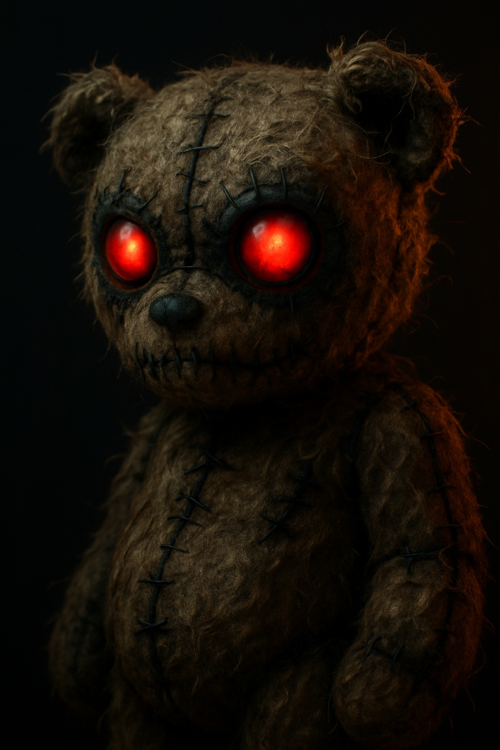 Eerie Dark Brown Teddy Bear with Glowing Red Eyes Mobile Wallpaper