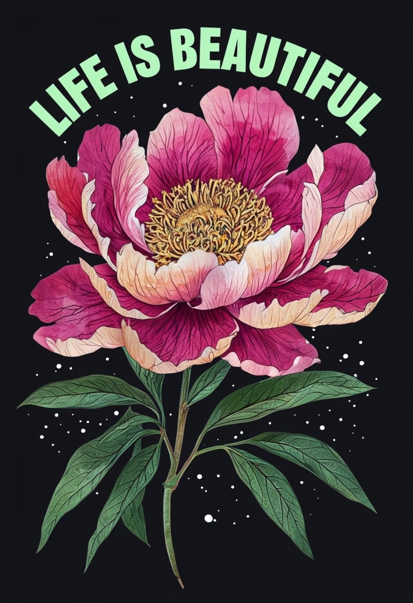 Vibrant Peony Flower with Life is Beautiful Text Poster