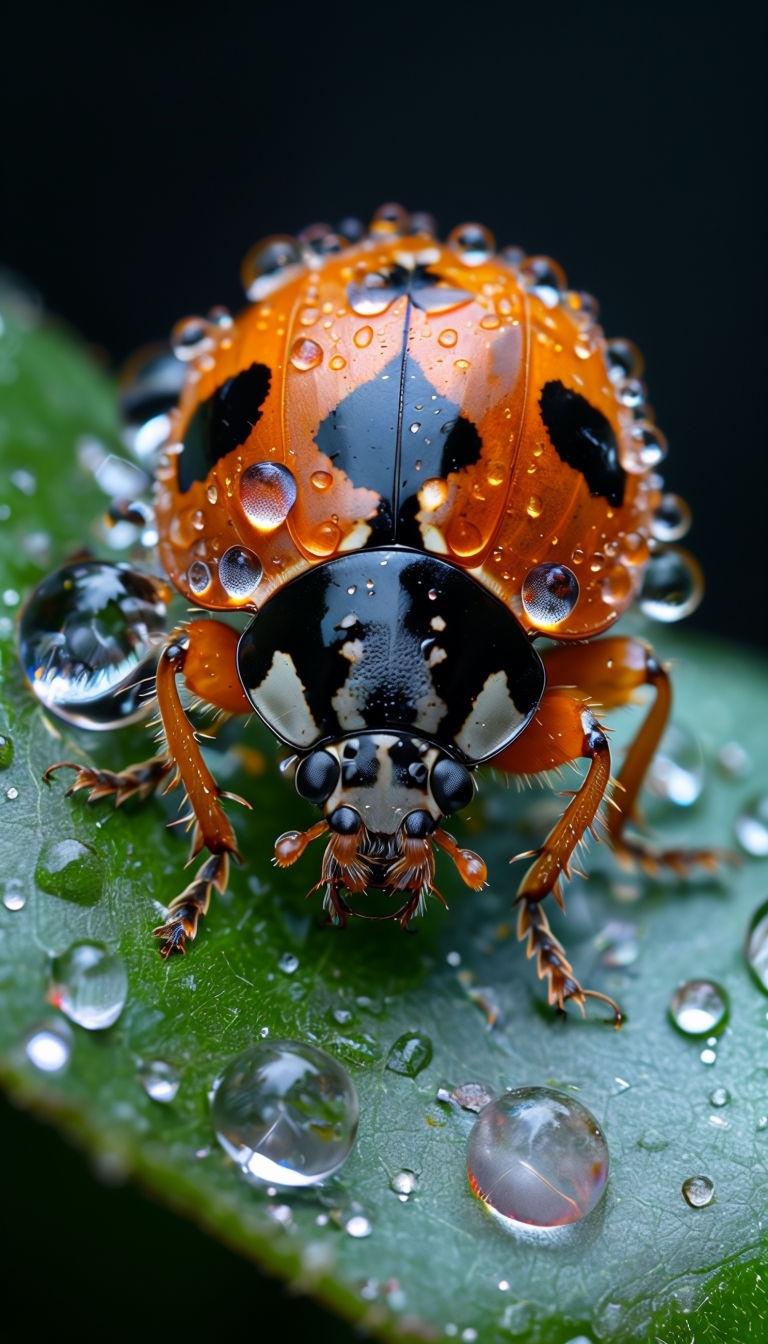 Vibrant Ladybug Macro Photography with Water Droplets Art