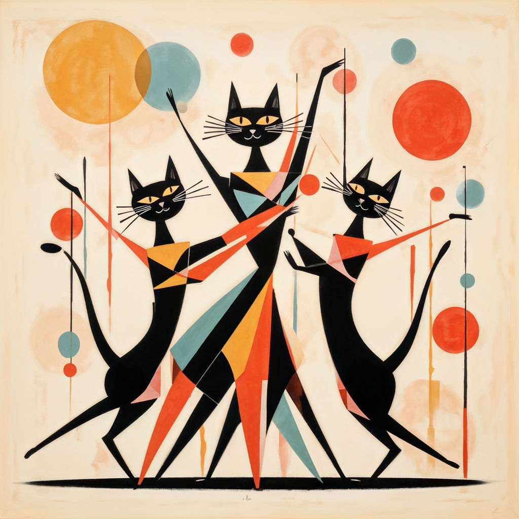 Ballet cats dance in a minimalist 1960s artistic style