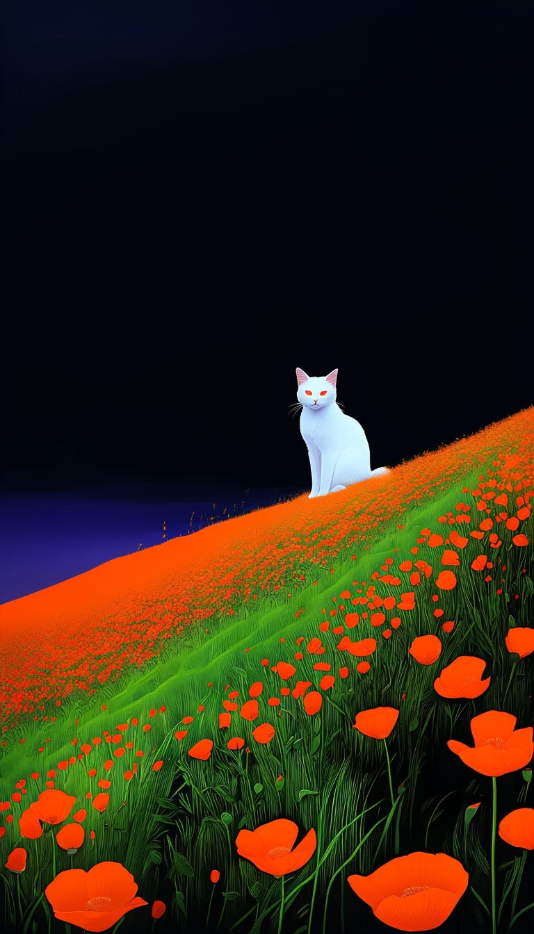 Surreal Orange Poppies and White Cat Dreamlike Landscape Mobile Wallpaper