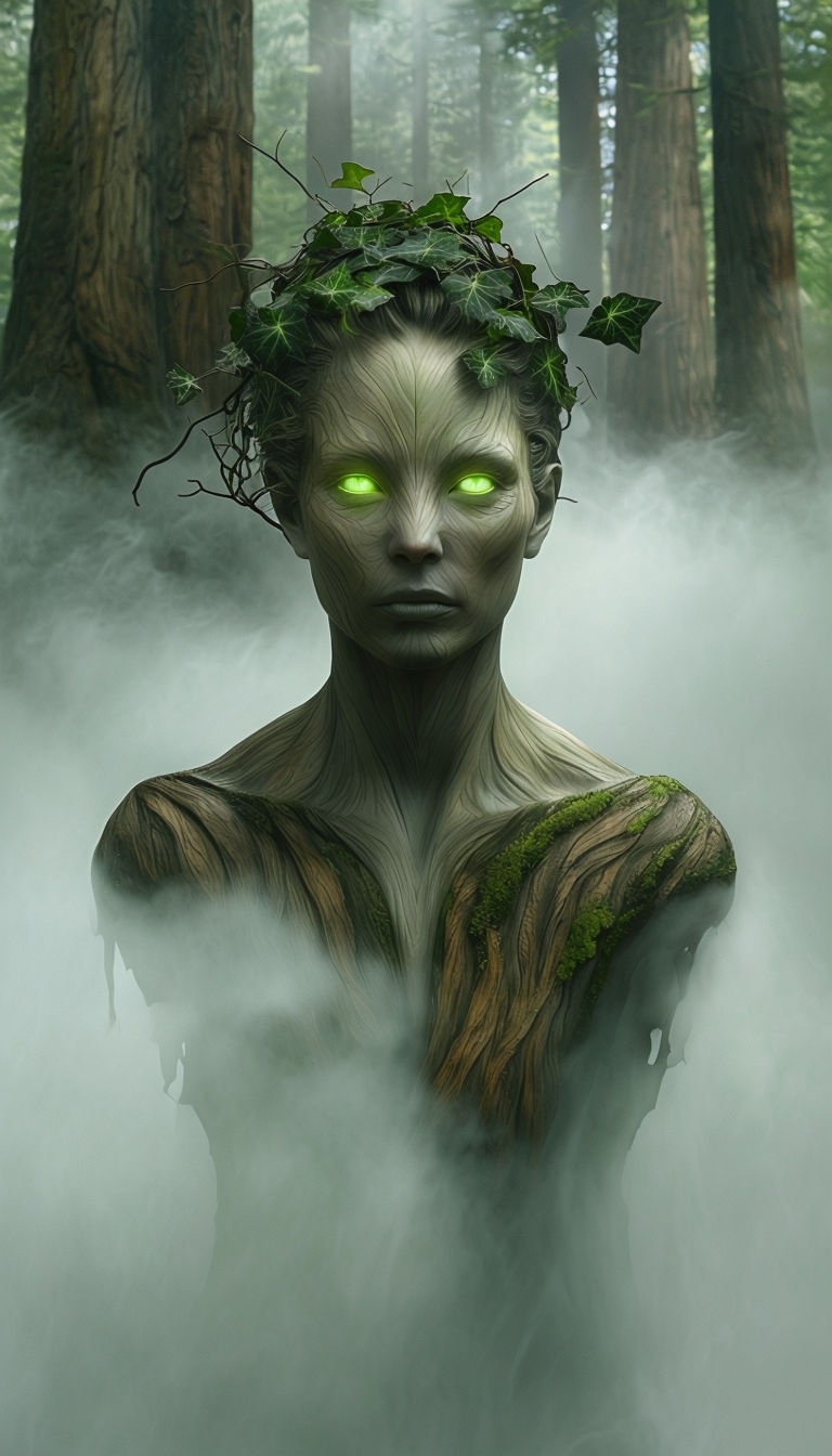 Hyperrealistic Forest Spirit Emerging from Mist Digital Art