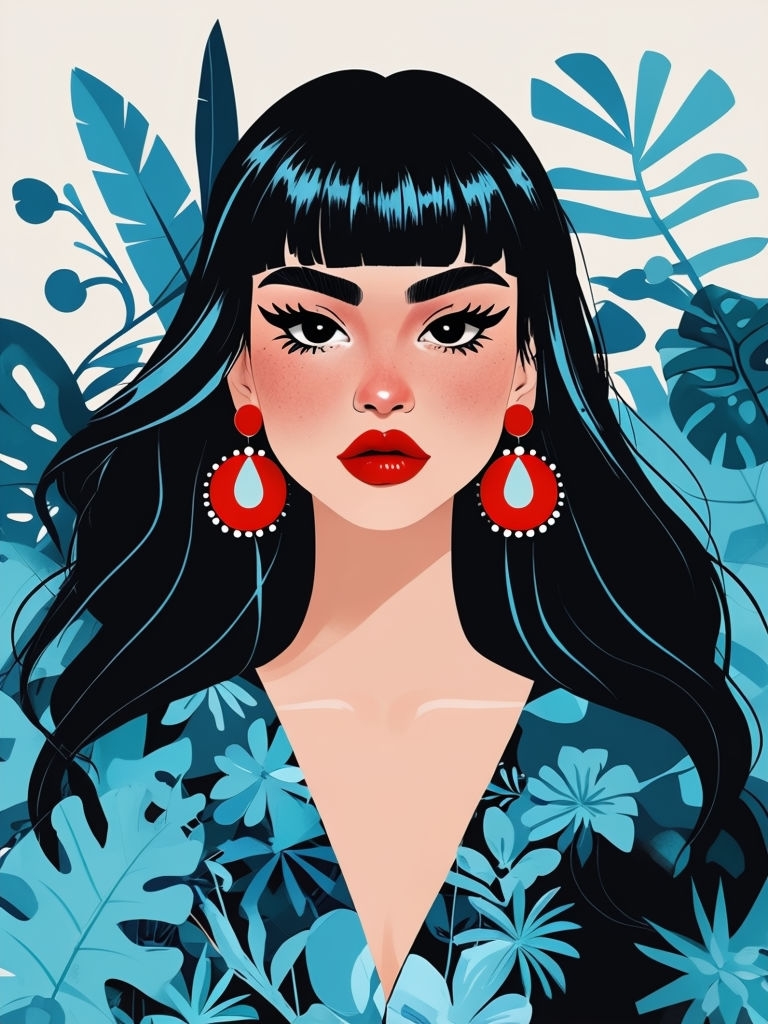 Stylized Woman with Glossy Hair and Bold Accessories Art