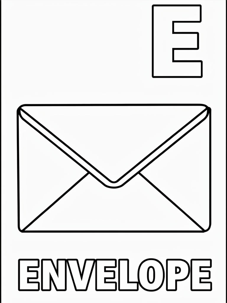 Coloring Page of Letter E with Envelope Outline for Kids Coloring Book Pages