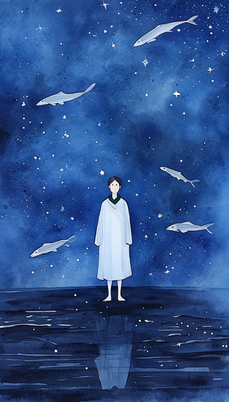 Serene Cosmic Watercolor with Cloaked Figure and Whimsical Fish Mobile Wallpaper