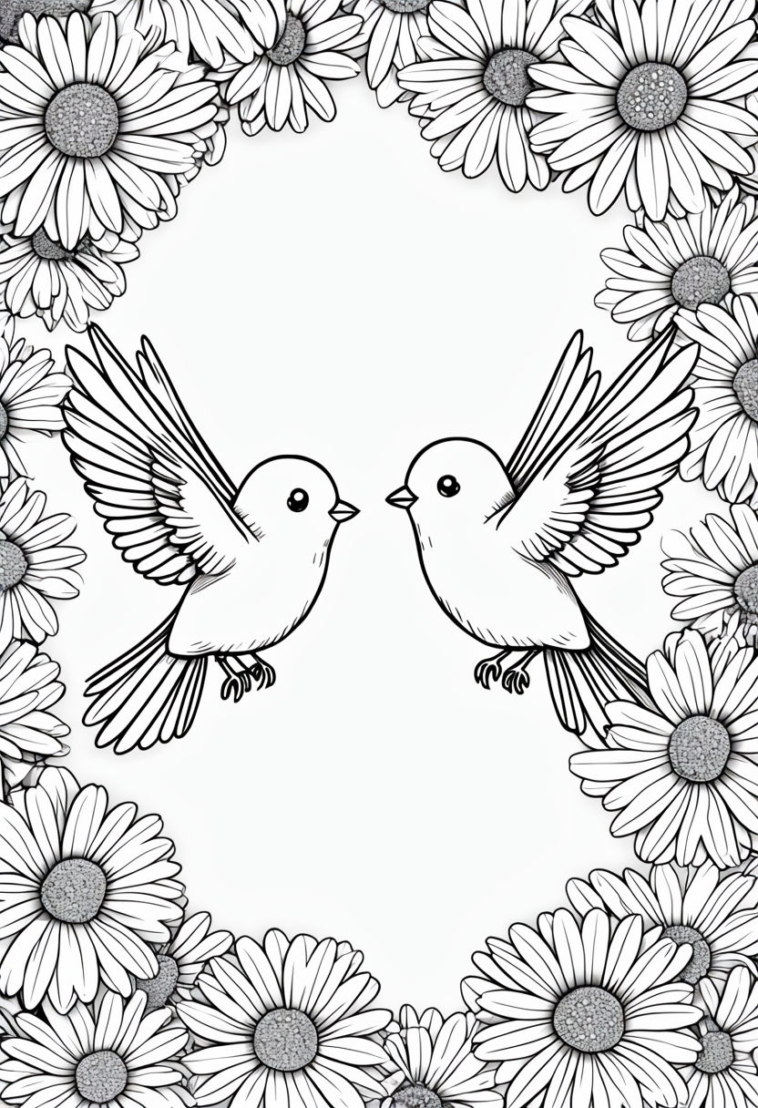 Cute Birds and Daisies Black and White Line Drawing Coloring Book Pages