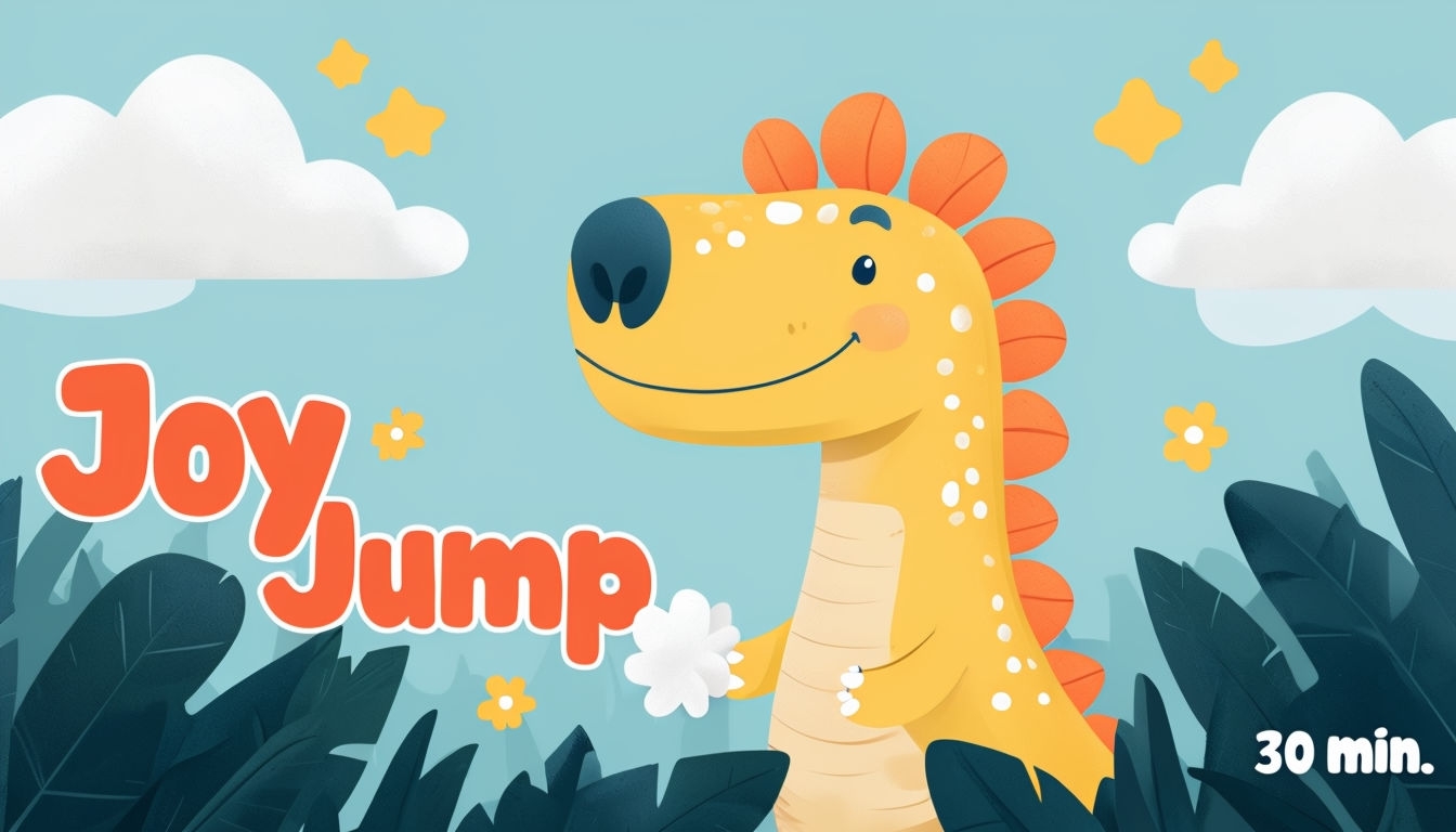 Cheerful Cartoon Dinosaur with Joy Jump Text Art Poster