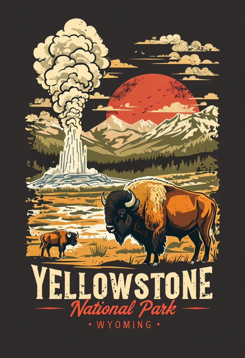 Vintage Yellowstone National Park Bison and Geyser Illustration Poster