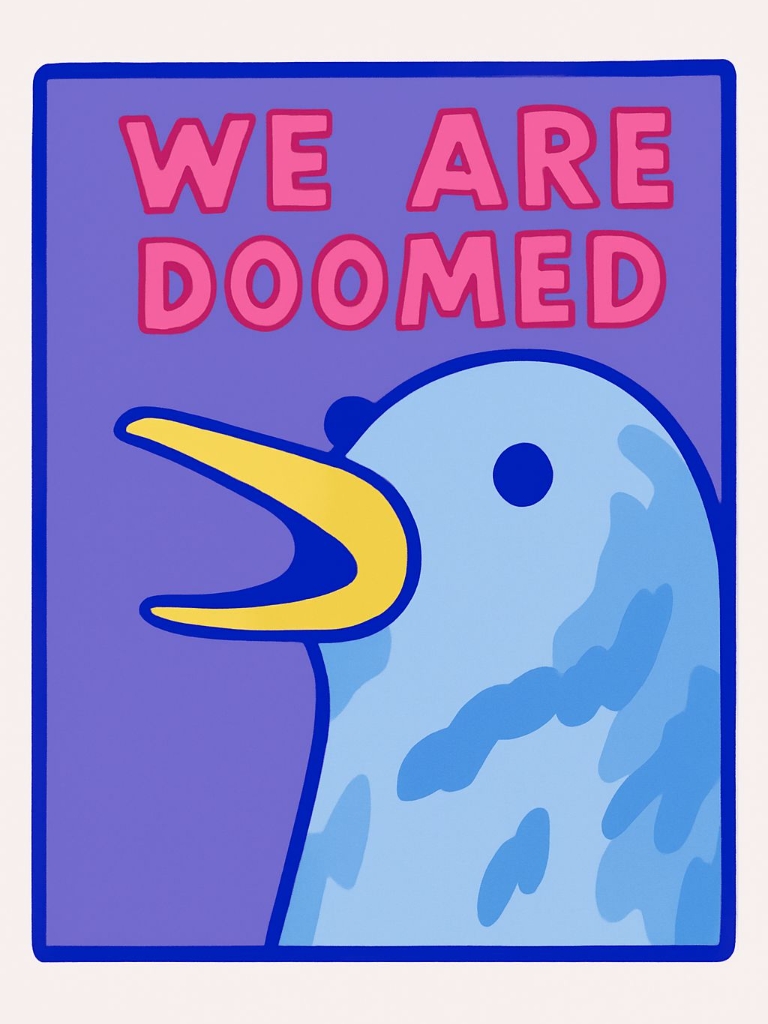 Playful Cartoon Bird Graphic with "We Are Doomed" Text Poster