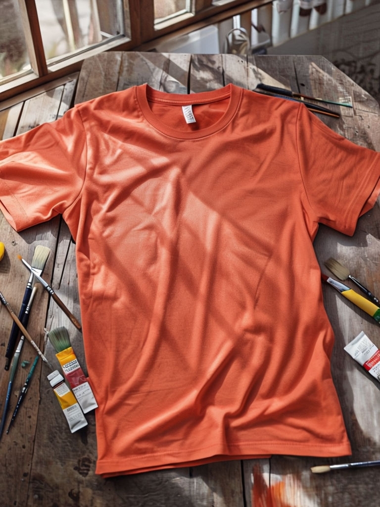 Coral Artistic T-Shirt Mockup with Creative Supplies