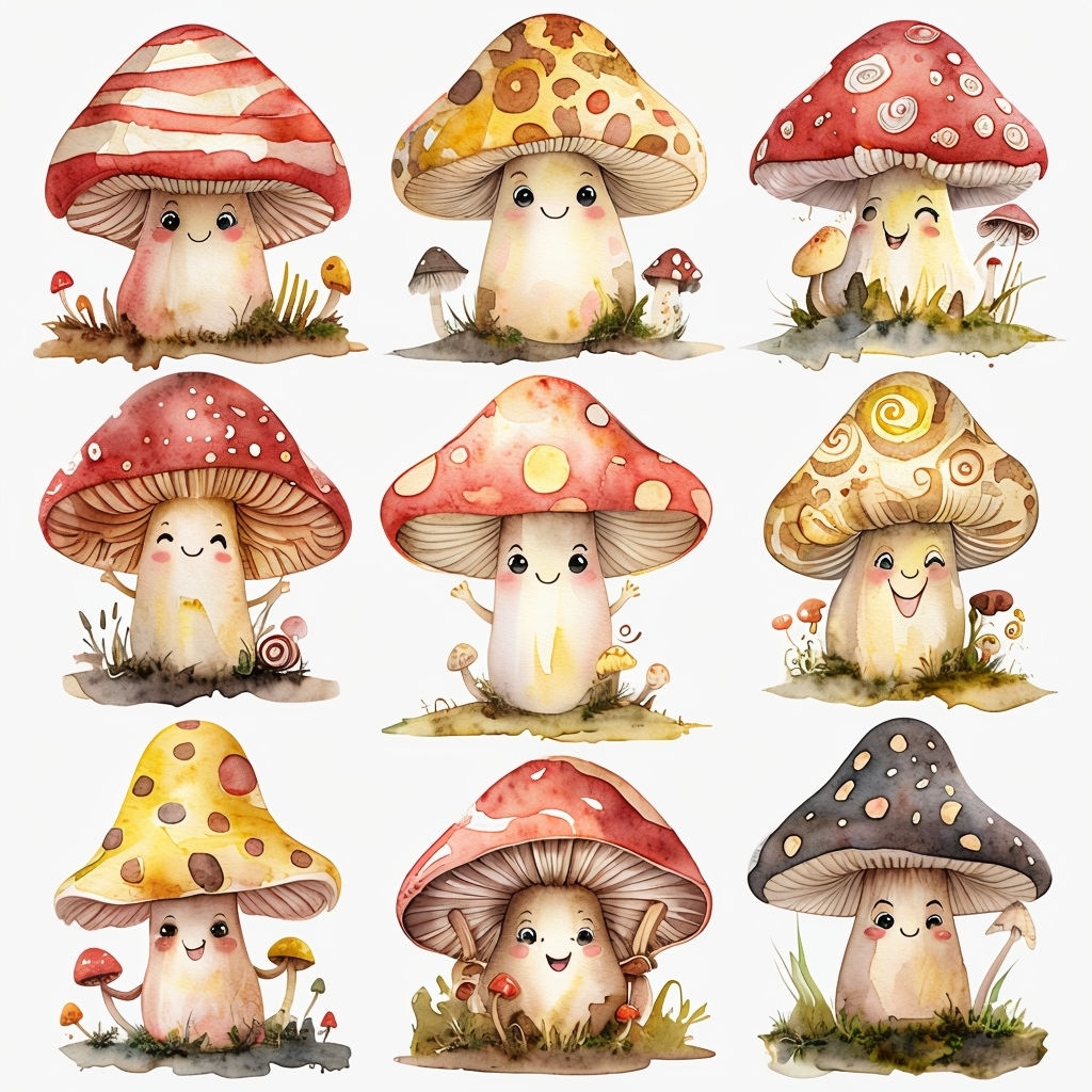 Whimsical Watercolor Mushroom Characters Seamless Pattern