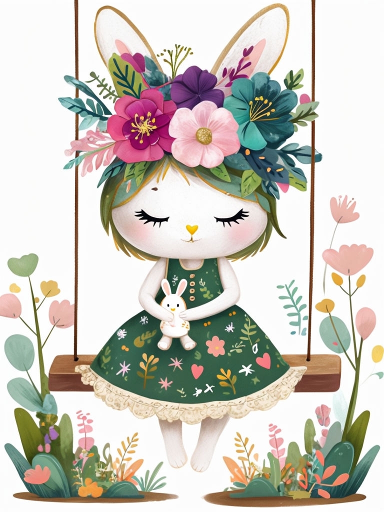 Whimsical Bunny on Swing with Floral Headpiece Poster