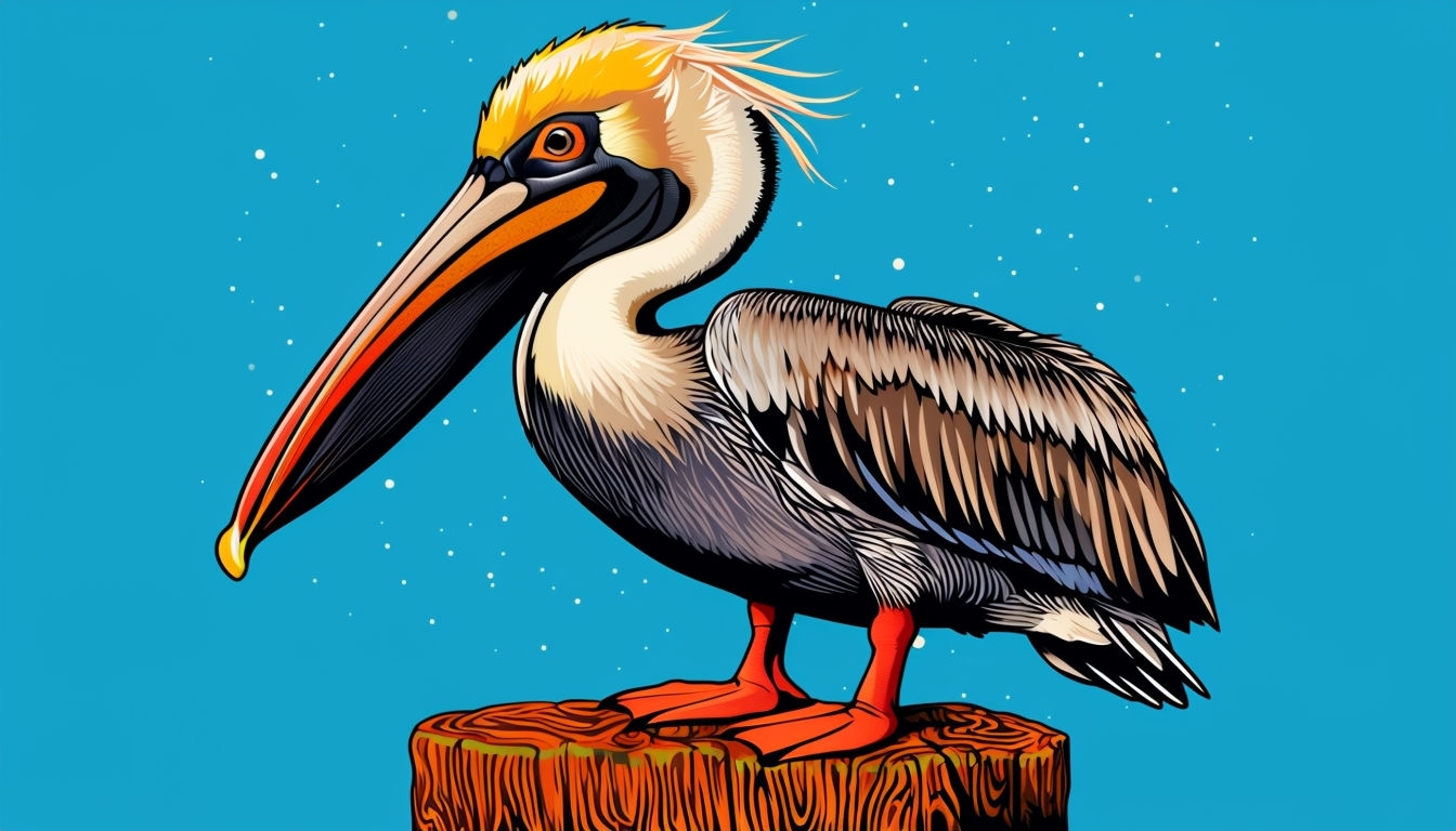 Vibrant Pelican Vector Art with Textured Wooden Stump Background