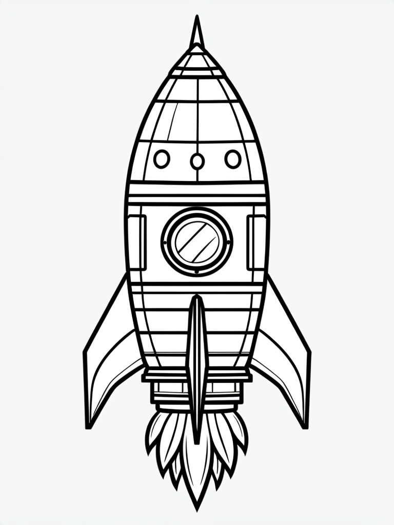 Cartoonish Rocket Ship Line Drawing for Coloring Book Pages