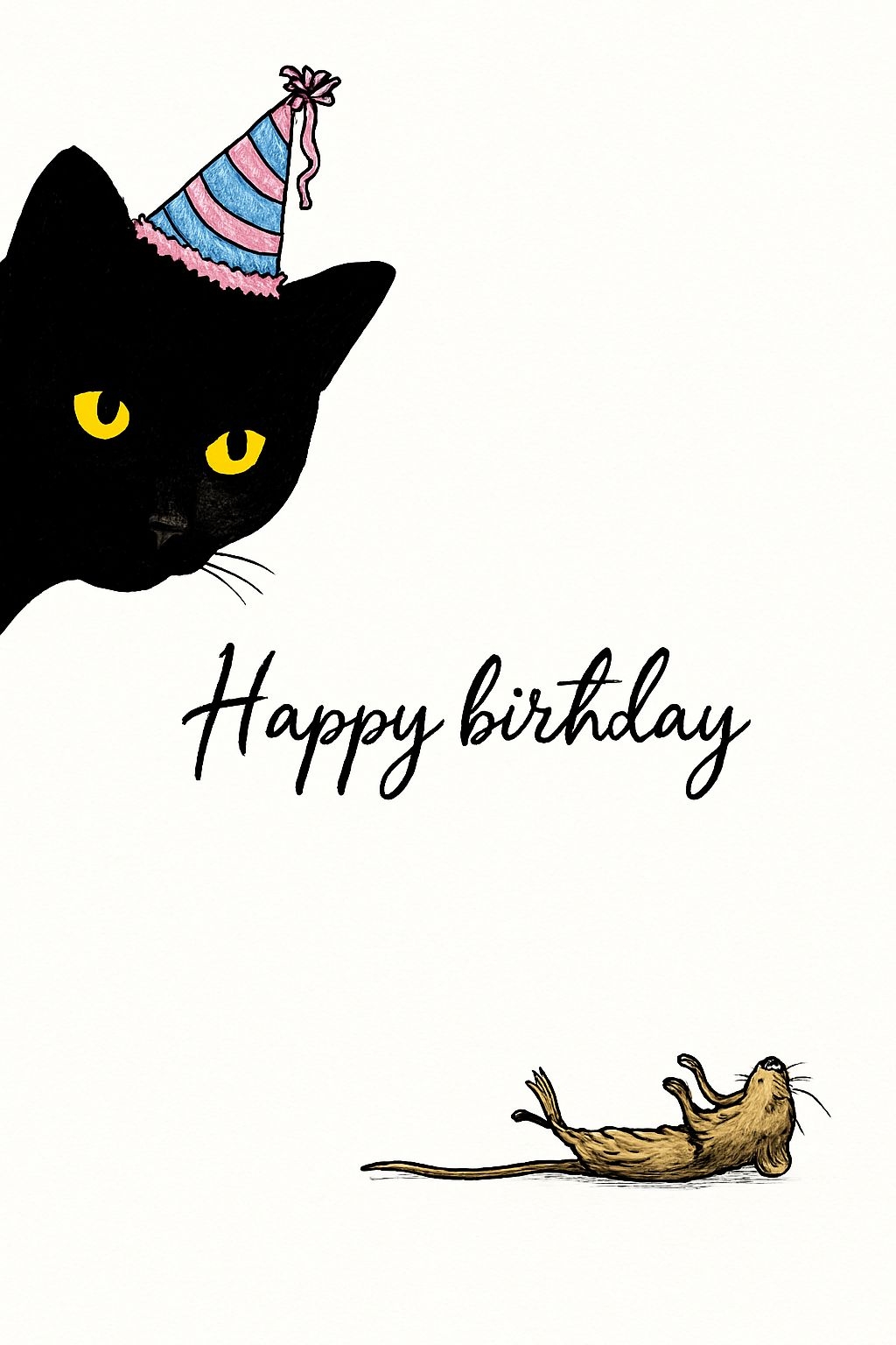 Whimsical Birthday Cat Illustration with Happy Birthday Text Card